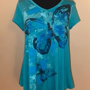 Faded Glory Woman's Teal Butterfly Blouse Size 8/10